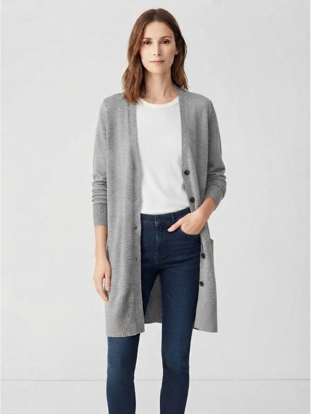 Eileen Fisher Long Gray Merino Wool Cardigan Sweater M/M